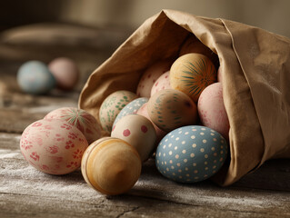 Hand painted pastel eggs spilling from a brown paper bag on a rustic wooden surface