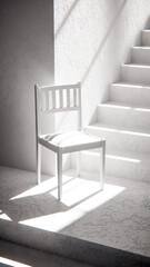 3D render of wooden chair at stair base with dramatic sunlight and shadows. Ideal for interior design, product display, and architectural visualization in minimalist style.