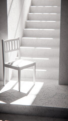3D render of wooden chair at stair base with dramatic sunlight and shadows. Ideal for interior design, product display, and architectural visualization in minimalist style.