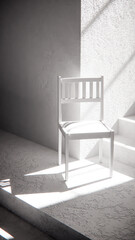 3D render of wooden chair at stair base with dramatic sunlight and shadows. Ideal for interior design, product display, and architectural visualization in minimalist style.