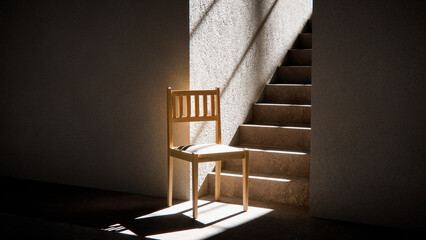 3D render of wooden chair at stair base with dramatic sunlight and shadows. Ideal for interior design, product display, and architectural visualization in minimalist style.