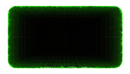 Green energy tunnel, grid interior, glowing edges, black center