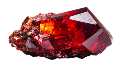 Deep red crystal cluster with sharp facets, set against a black backdrop