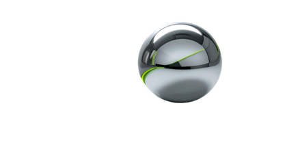 Shiny chrome sphere floats in dark void, reflecting light and green accents