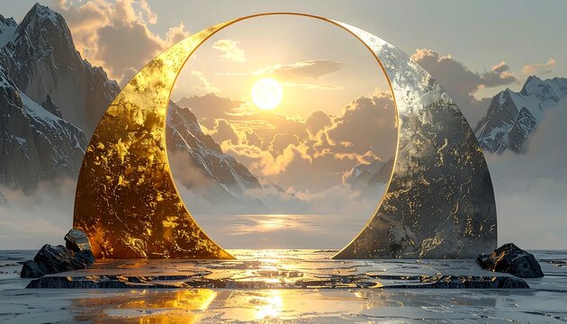 Golden Portal Reveals Majestic Mountain Landscape and Sunlight.