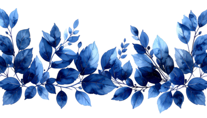 Decorative floral border of stylized blue leaves and branches, black backdrop
