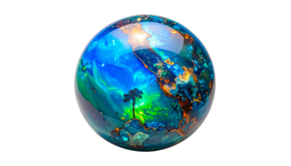 Glass sphere with vibrant colors resembling a landscape