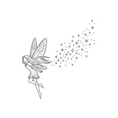Black and white illustration of a fairy with sparkles and stars flying through the air in a whimsical scene with magic and fantasy and art and design