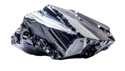 A crystalline, faceted black mineral with reflective, metallic-like surfaces