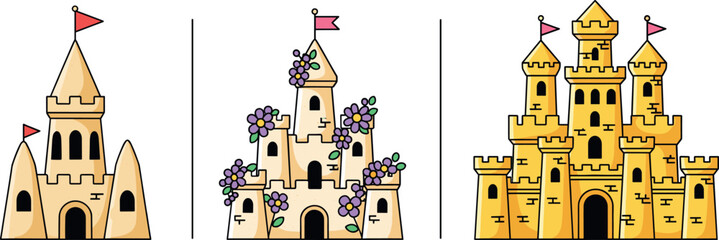Vector illustration of whimsical floral sandcastle and golden fortress isolated on white for fantasy and travel storytelling. © REYAD