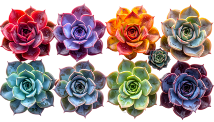 Collection of vibrant rosette succulents, eight larger and one smaller