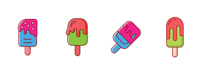 Colorful cartoon popsicles with dripping chocolate and sprinkles