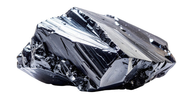 A crystalline, faceted black mineral with reflective, metallic-like surfaces