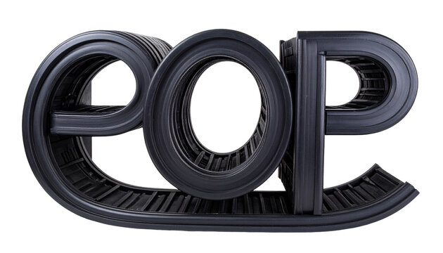 3D stylized text forming "EOP" in a dark gray metallic design