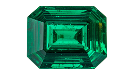 A faceted emerald gemstone glows against a black background
