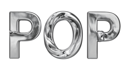 Gleaming, liquid-like silver letters spell "POP" against a black backdrop