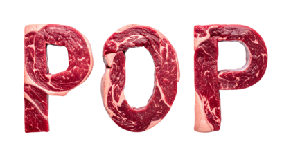 The word "POP" spelled out in thick, raw, red meat