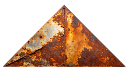 Triangular, rusty metal, folded in half, against a black background