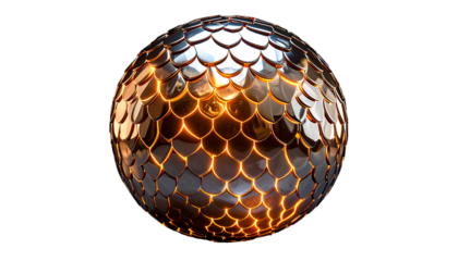 Sphere of layered metallic scales, reflecting warm light against dark background