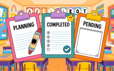 A colorful cartoon classroom with three clipboards for planning and organization