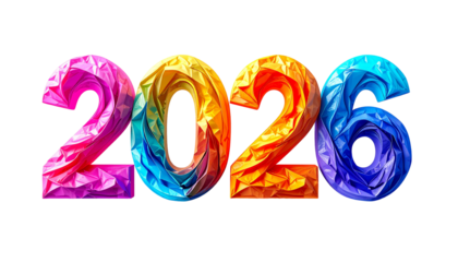 Colorful sculpted numerals spell out the year 2026