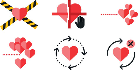 Conceptual Heart Icons Showing Emotions Warnings and Relationship States on transparent background
