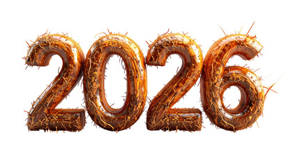 Metallic, textured "2026" numerals with spiky adornments, black background