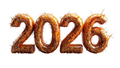 Metallic, textured "2026" numerals with spiky adornments, black background