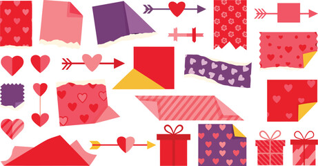 A collection of Valentines Day Scrapbooking Elements with Hearts Notes and Cute Details 