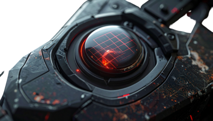 Close-up of a futuristic, metallic device with a glowing display