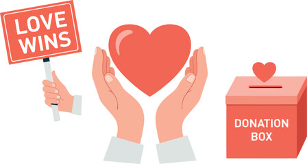 A graphic illustration of hands holding a heart with a donation box and love wins sign on transparent background