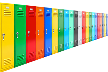 Row of Colorful Lockers in School Hallway