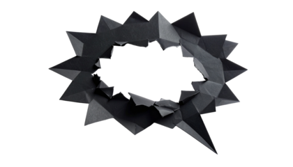 Black origami speech bubble shape with pointed edges and jagged inner hole