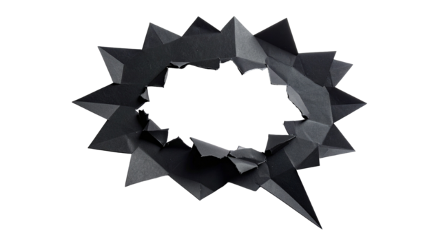 Black origami speech bubble shape with pointed edges and jagged inner hole - Powered by Adobe
