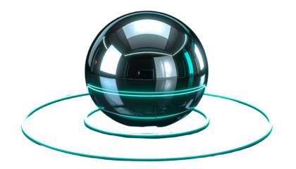 Metallic sphere floats above glowing rings, futuristic digital art
