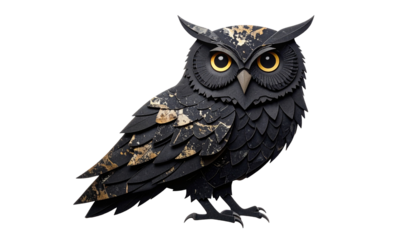 Detailed black owl with gold accents, perched, against a solid black backdrop