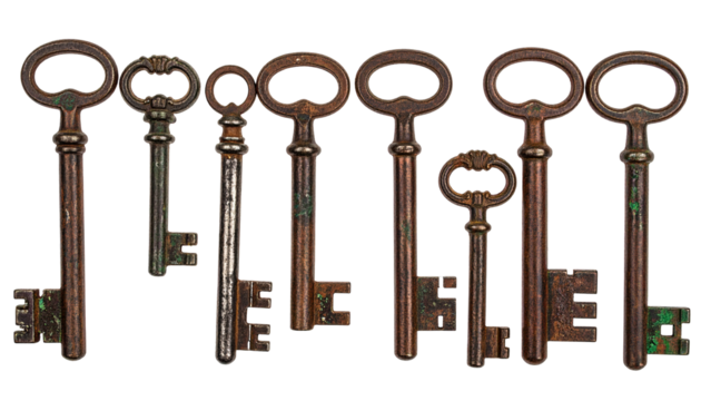 Seven antique keys with varying styles and levels of rust against black - Powered by Adobe