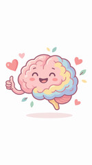 Cute brain character with cheerful expression, flat vector illustration, soft pastel colors, mental health concept, friendly cartoon style, isolated, no text
