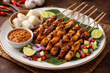 Sate (Javanese, Indonesia): Pieces of meat (chicken, goat, or beef) skewered and grilled, then served with peanut sauce or soy sauce sauce.