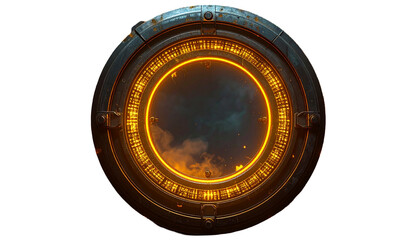 Ornate circular portal, glowing with an inner ring, obscured interior