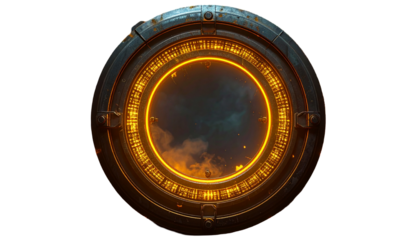 Ornate circular portal, glowing with an inner ring, obscured interior