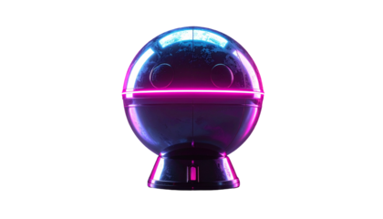 Futuristic orb-shaped robot with neon lights, facing forward