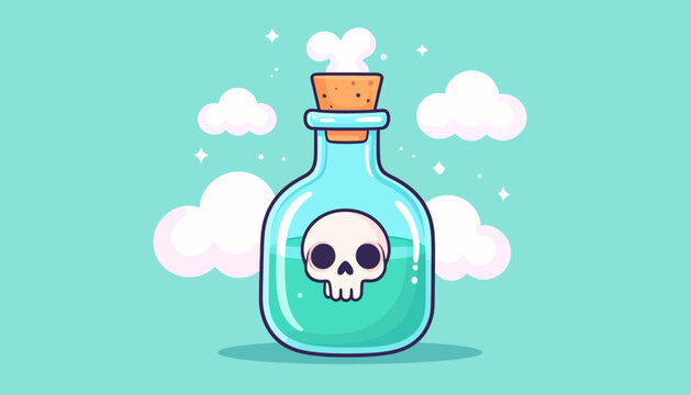 A cute cartoon illustration of a green potion bottle with a skull label and cork, surrounded by fluffy clouds on a light blue background.