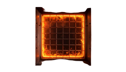 A fiery square grill within a metal frame, isolated on black