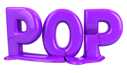 Glossy, purple "POP" text partially melting, cracks visible, against black