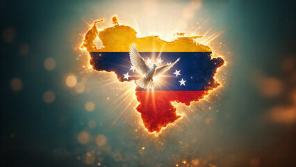 Venezuela map with national flag colors and white peace dove flying through dramatic clouds symbolizing hope freedom and reconciliation. Background wallpaper