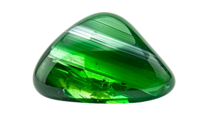 Translucent, emerald-green, triangular glass gem, with internal striations