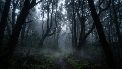 Obraz premium Dark Moody Forest Path With Tall Trees For Mysterious Nature Concept Background