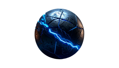 Fractured metallic sphere with electric blue lightning through cracks