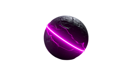 Cracked sphere with neon arc against a stark black background